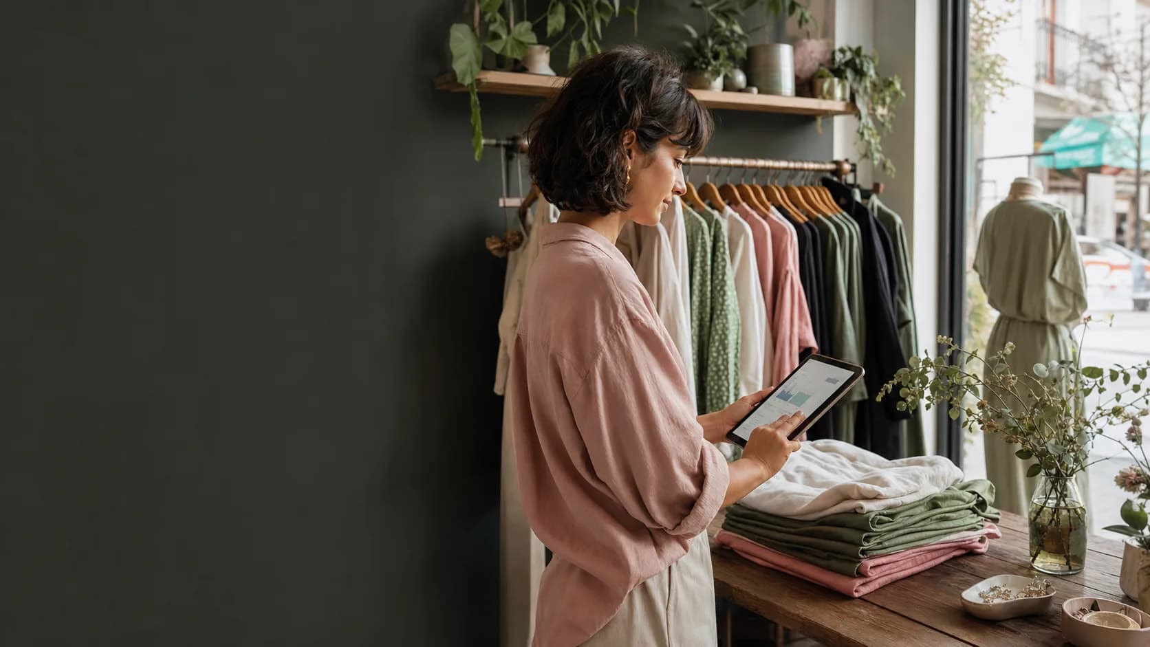 Dueña de una tienda organizando prendas y revisando la gestión desde una tablet
