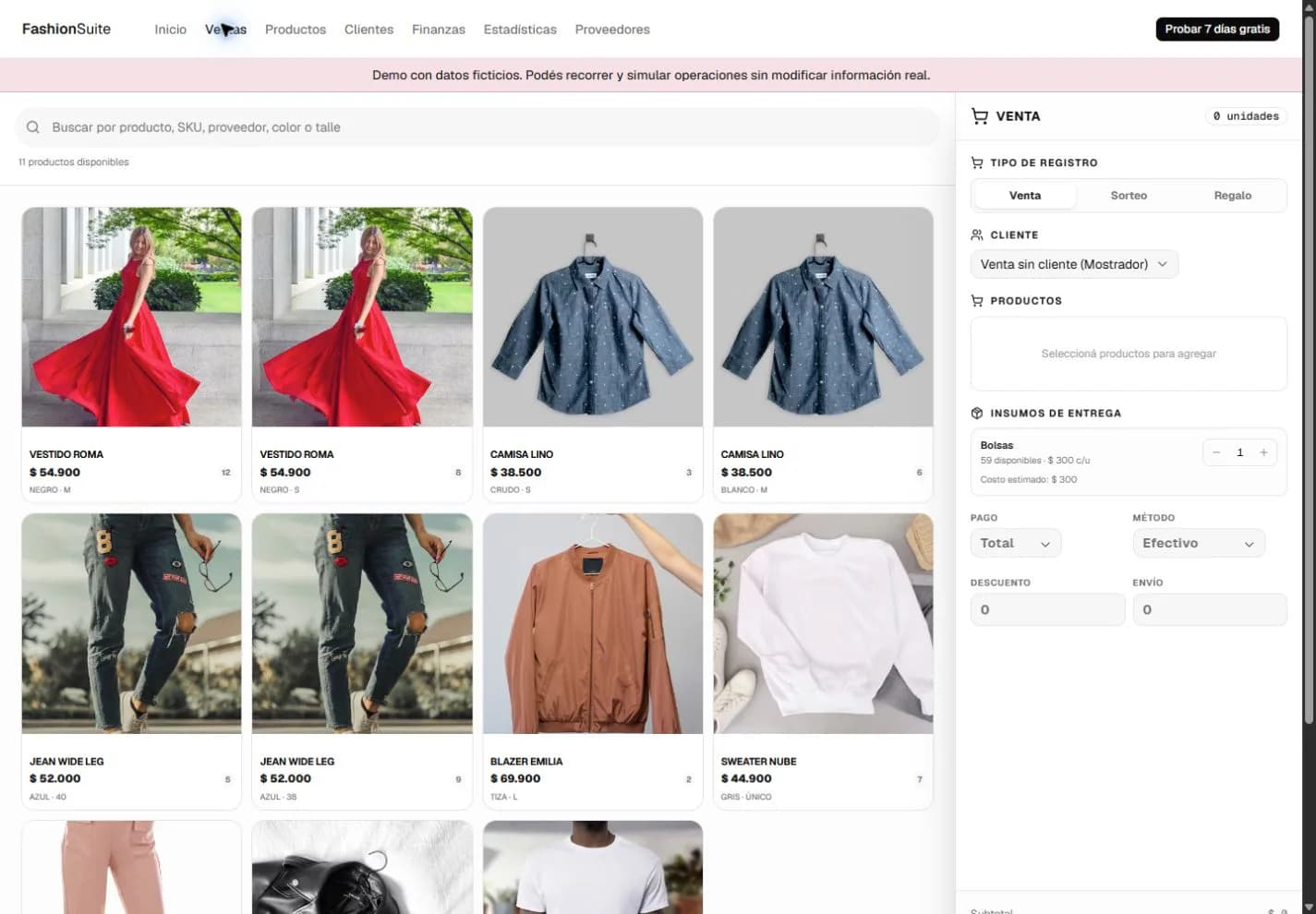 Punto de venta de FashionSuite con productos, cliente, bolsas y medio de pago